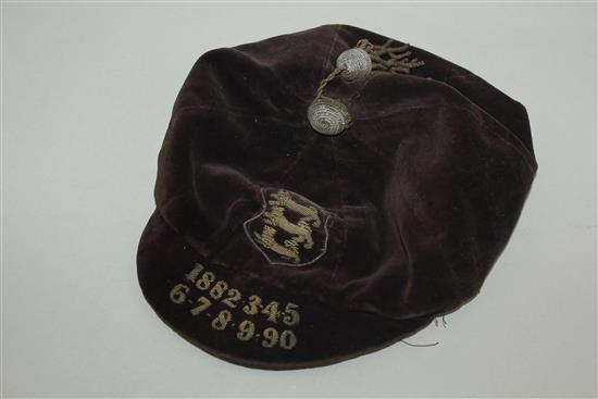 Blackburn Rovers - Sporting Interest: A maroon velvet football cap, embroidered with the dates 1882-1990,